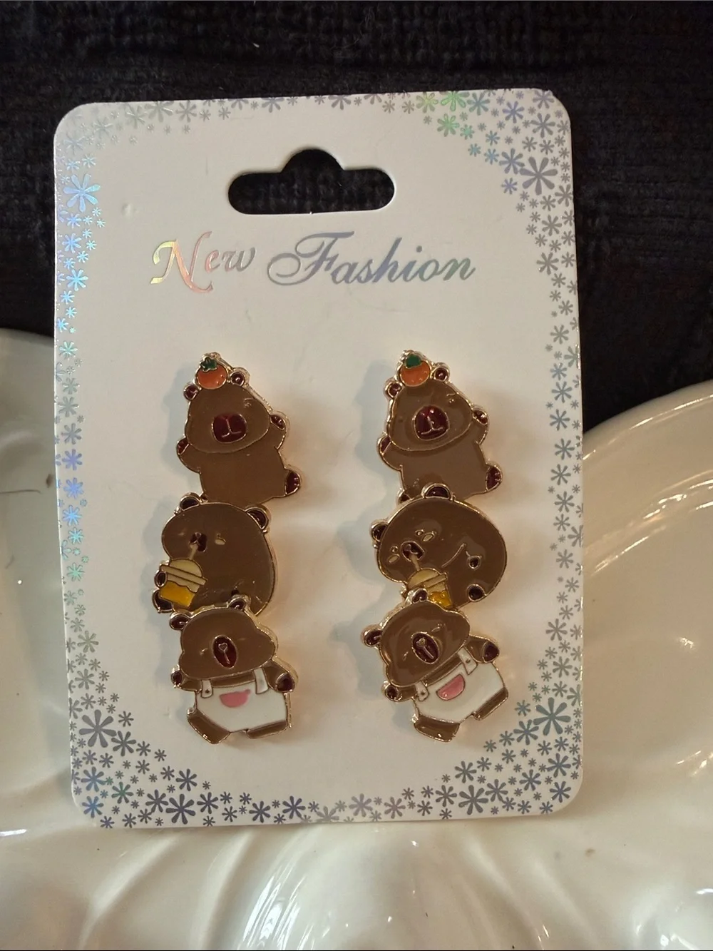 Kids Brown Bear Stack Earrings - Cute Brown Bear Design